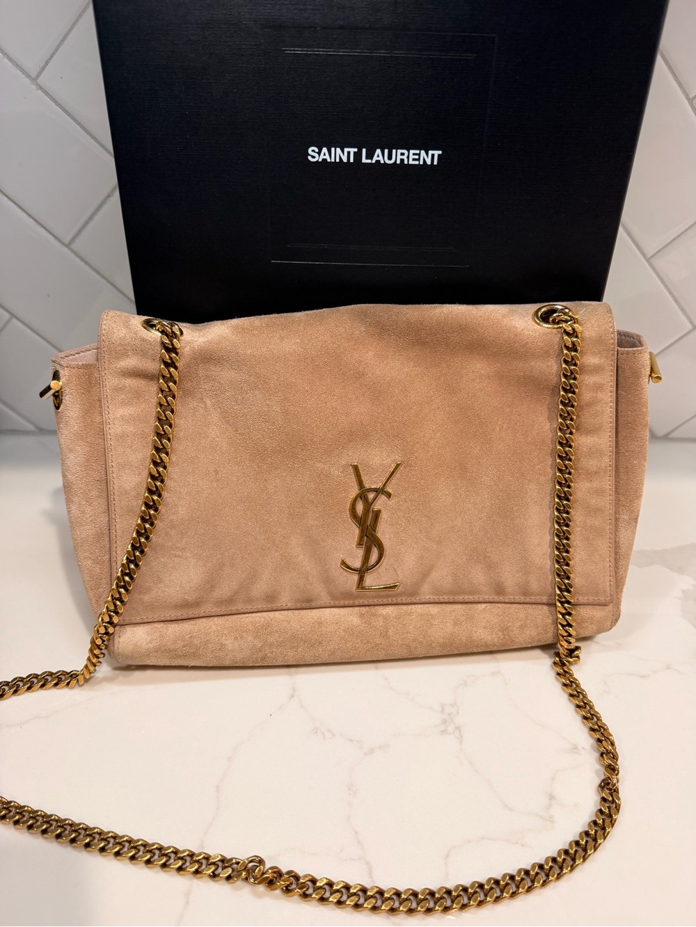 Saint Laurent Beige Kate Medium REVERSIBLE Shoulder Bag with Gold Chain